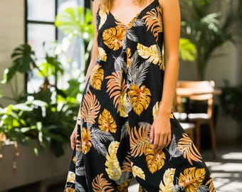 Golden Monstera Muse Włoskie jedwabne kombinezony, kombinezony, spodnie z kieszeniami / Kombinezon boho / Kombinezony z szerokimi nogawkami / Odzież boho