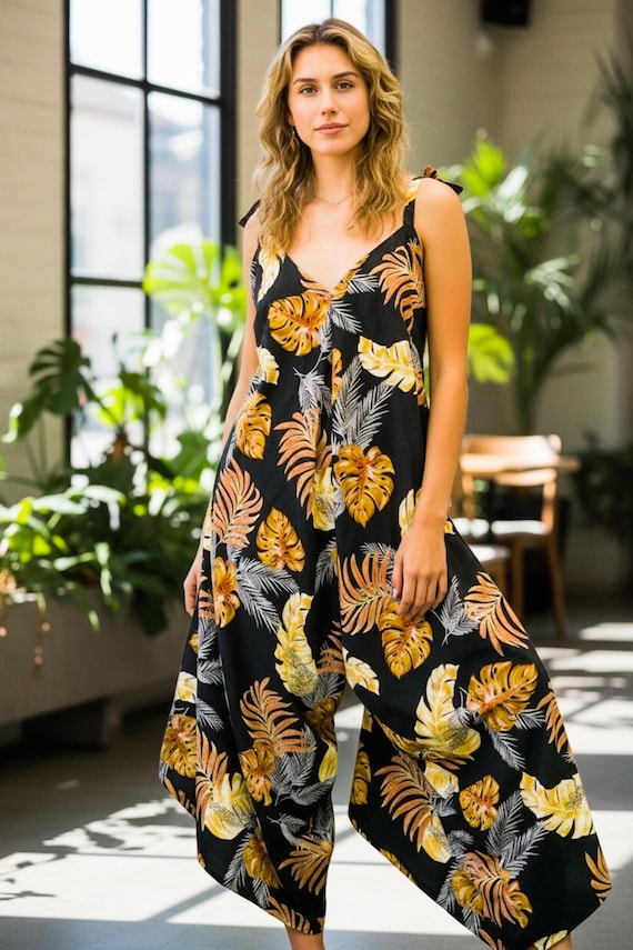 Golden Monstera Muse Italian Silk Jumpsuits Rompers Pants with Pockets / Boho Jumpsuit / Wide Legs Jumpsuits / Boho Clothing