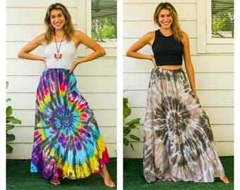 Boho Tiered Maxi Skirt, Hand Dyed Beach Skirt, Flowy Tie Dye Bohemian Clothing