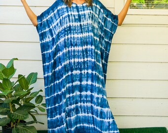 Indigo Hand Dyed Kaftan Dress, Loose Fit Tie Dye Dress, Beach Dress, Tie Dye Clothing, Oversize Kaftan Dress, Tye Dye Poncho