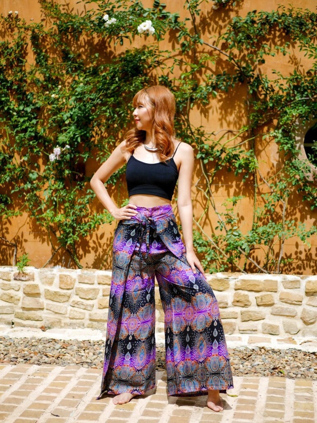Purple Paisley Palazzo Wrap Pants, Boho Pants, Harem Flow Pants