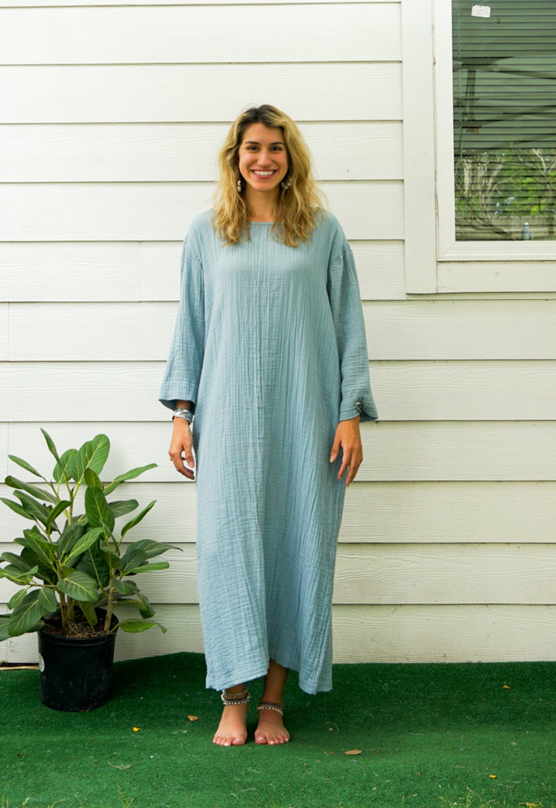 Blue Double Gauze Cotton Dress With Pockets / Boho Dress / Cotton Maxi