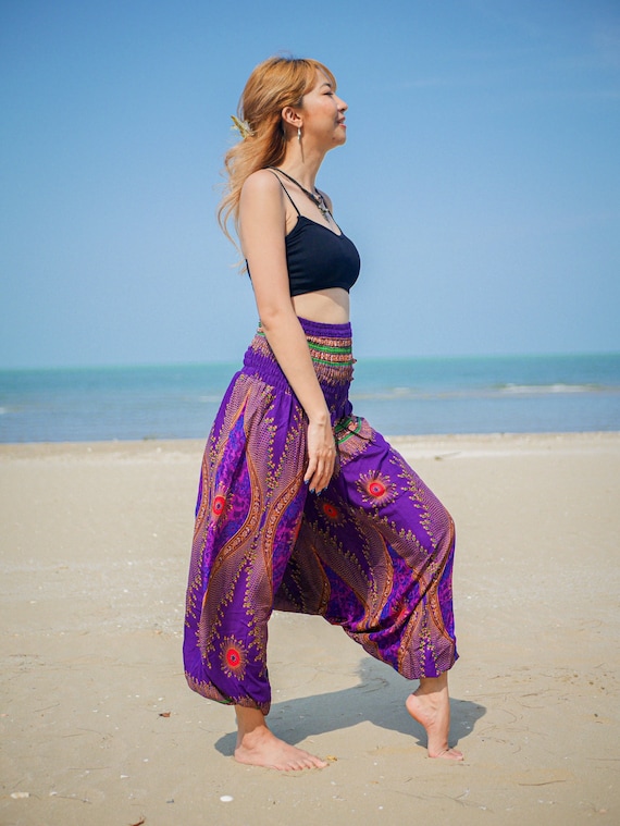 Purple Peacock Paisley Hippie Pants, Harem Pants, Aladdin Pants