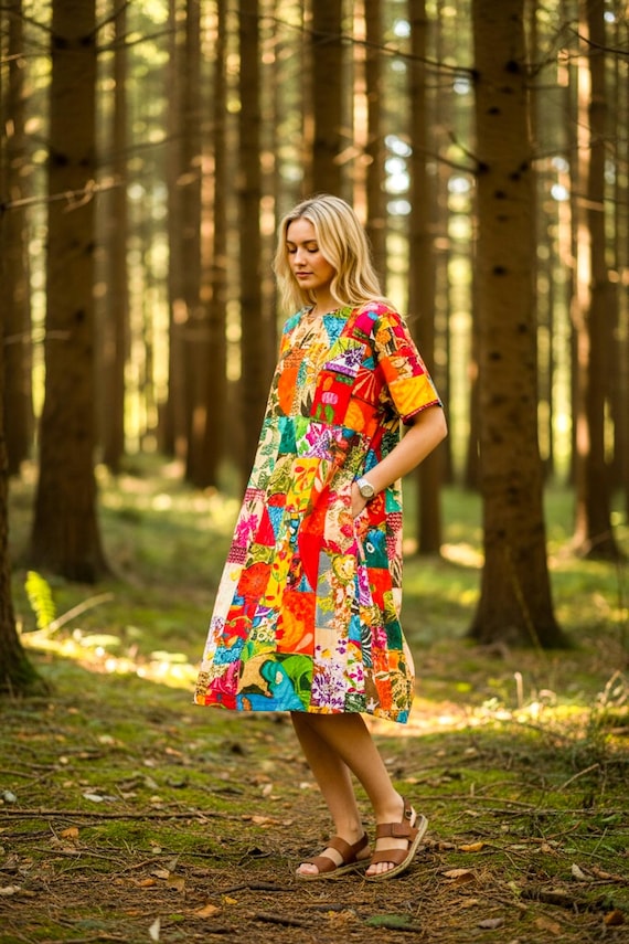 patchwork boho midi dress Boho Cotton Patchwork Apron Dress: Plus Size Maxi Sundress with Pockets