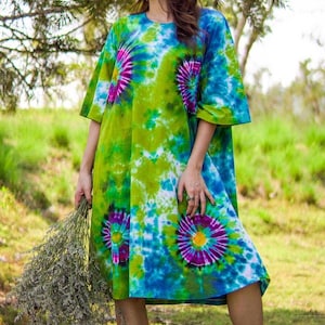 Forest Glow Hand Dyed Boho Cotton Dress with Pockets, Hippie Oversized Tunic Kaftan Shirtdress, Tie Dye Clothing, Loungewear