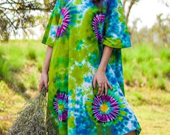 Forest Glow Hand Dyed Boho Cotton Dress with Pockets, Hippie Oversized Tunic Kaftan Shirtdress, Tie Dye Clothing, Loungewear