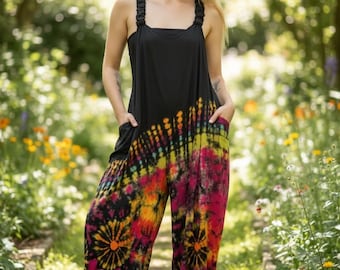 Boho Hand Dyed Boho Dungarees Overalls Jumpsuit with Pockets, Tie Dye Romper, Hippie Boho Clothing, Tie Dye Pants, Festival Clothing