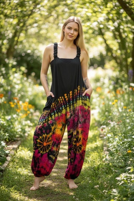 Boho Hand Dyed Boho Dungarees Overalls Jumpsuit with Pockets, Tie Dye Romper, Hippie Boho Clothing, Tie Dye Pants, Festival Clothing