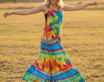 Hand Dyed Hippie Dungarees Dress, Summer Boho Dress, BeachWear, Beach Loose Fitting Dress, Tie Dye Maxi Dress, Loungewear