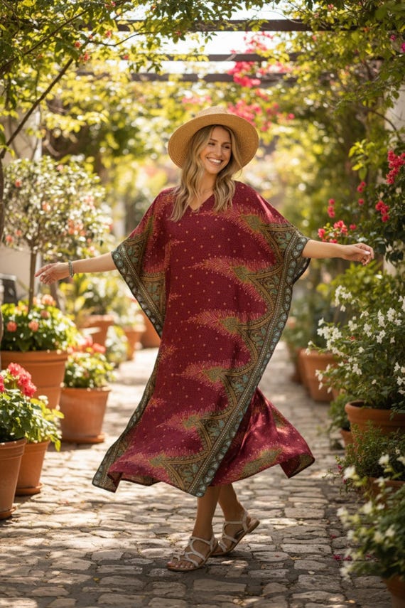 boho poncho dress Cinnamon Bloom Kimono Kaftan Dress, Loose Fit Dress, Beachwear, Loungewear, Swimsuit Cover Up, Boho Poncho, Boho Clothing Trend|Details