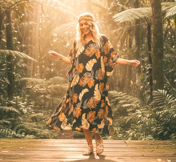 Golden Hibiscus Silk Kaftan Dress - Boho Loose Fit Beachwear, Festival Kimono Poncho, Loungewear & Swimsuit Cover Up
