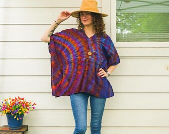 Velvet Sky | Hand Dyed Tunic, Boho Kaftan Blouse , Hippie Oversize Tops, Beachwear, Tie Dye Clothing, Loungewear, Tie Dye Poncho