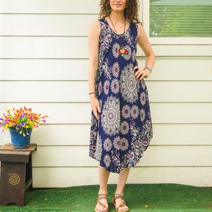 Blue Mandala Paisley Boho Dress, Beach SunDress, Summer Midi Dress, Boho Clothing, Vacation Dress