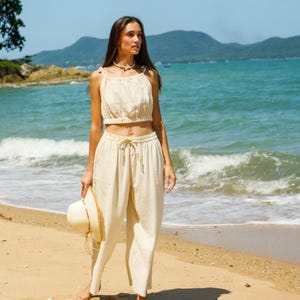 Raw Natural Double Gauze Cotton Wide Legs Pants | Drawstring Lounge Pants, Boho Cotton Pants, Boho Clothing