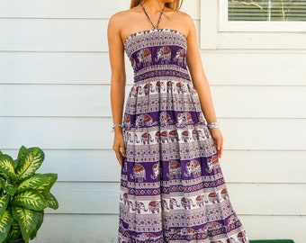 Vestido largo escalonado con estampado de elefante morado, vestido de verano bohemio, vestido con escote halter, vestido de novia bohemio, ropa bohemia, vestido bohemio, vestido de verano