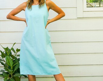 Blue Natural Cotton Boho Dress with Pockets /  Organic Cotton Dress / Boho Clothing