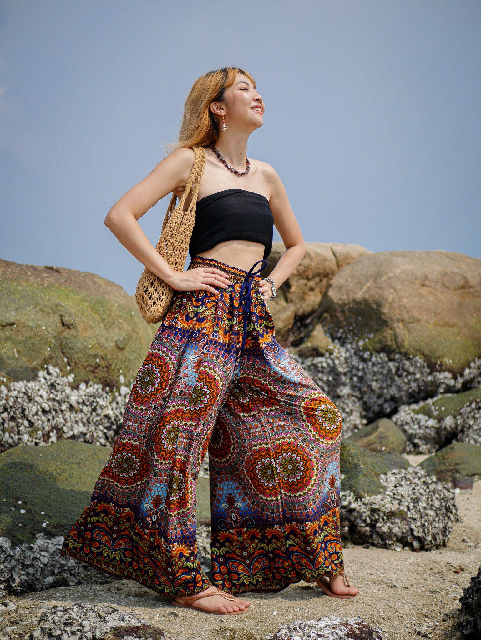 Mandala Wide Leg Palazzo Pants, Elastic Waist Pants, Boho Pants
