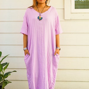 Abito in cotone a doppia garza color lavanda con tasche / Abito Boho / Abito lungo in cotone, Abito premaman / Abbigliamento Boho