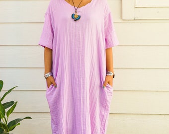 Lavender Double Gauze Cotton Dress with Pockets / Boho Dress / Cotton Maxi Dress, Maternity Dress / Boho Clothing  / 100% Organic Cotton