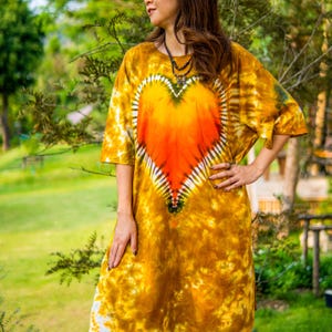 Golden Heart Hand Dyed Boho Cotton Dress with Pockets, Hippie Oversized Tunic Kaftan Shirtdress, Tie Dye Clothing, Loungewear