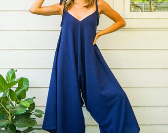 Woven Cotton Boho Yoga Jumpsuits Rompers Pants with Pockets, Loose Overalls, Wide Legs Jumpsuits, Organic