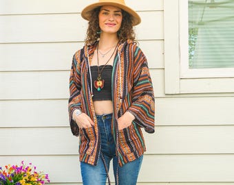 Boho Cotton Cardigan with Hood and Pockets, Hippie Poncho Cardigan, Cotton Blouse Tunic Cover Ups