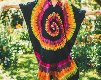 Hand Dyed Tie Dye Kaftan Dress – Oversized Boho Caftan – Maxi Cover Up – Hippie Lounge Dress – One Size Flowy Resort Wear