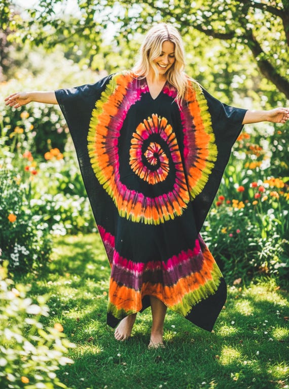 Hand Dyed Tie Dye Kaftan Dress – Oversized Boho Caftan – Maxi Cover Up – Hippie Lounge Dress – One Size Flowy Resort Wear