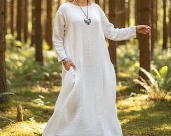 Natural Double Gauze Cotton Dress with Pockets / Boho Dress / Cotton Maxi Dress, Maternity Dress / Boho Clothing