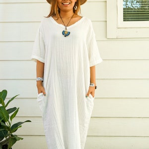 Natural Double Gauze Cotton Dress with Pockets / Boho Dress / Cotton Maxi Dress, Maternity Dress / Boho Clothing
