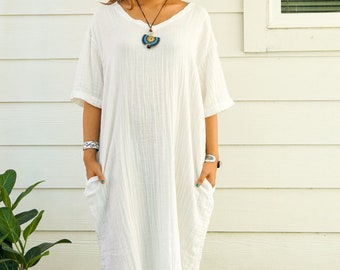 Natural Double Gauze Cotton Dress with Pockets / Boho Dress / Cotton Maxi Dress, Maternity Dress / Boho Clothing  / 100% Organic Cotton