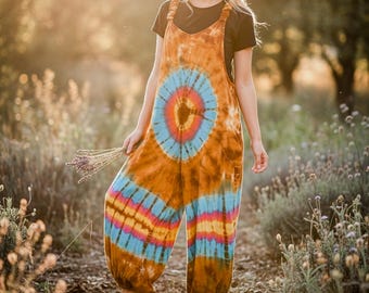 Sunburst Swirl Hand Dyed Boho Dungarees Overalls Jumpsuit with Pockets, Tie Dye Romper, Hippie Boho Clothing, Tie Dye Pant Festival Clothing