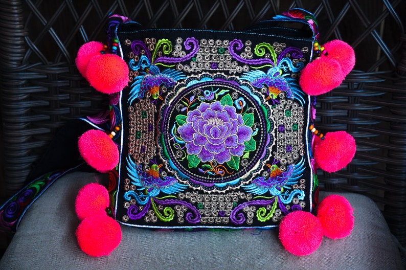 Embroidered Boho Bag Hmong Fabric Handmade Pom Pom Crossbody Bag Satchel Woman Gift