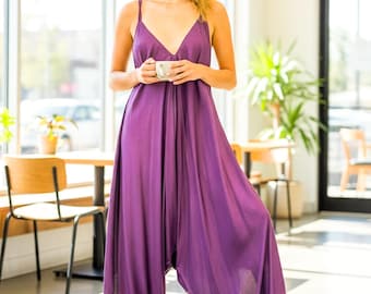Mono de yoga bohemio morado liso, mono de pierna ancha, mono de verano, mono para mujer