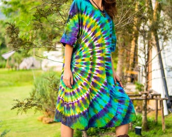 Jade Waves Hand Dyed Boho Cotton Dress with Pockets, Hippie Oversized Tunic Kaftan Shirtdress, Tie Dye Clothing, Loungewear