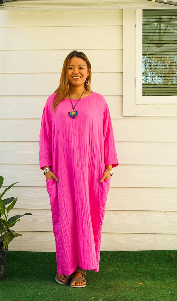 pink plus size boho dress Desert Rose Double Gauze Cotton Dress with Pockets | Boho Maxi Dress | Soft Cotton Caftan