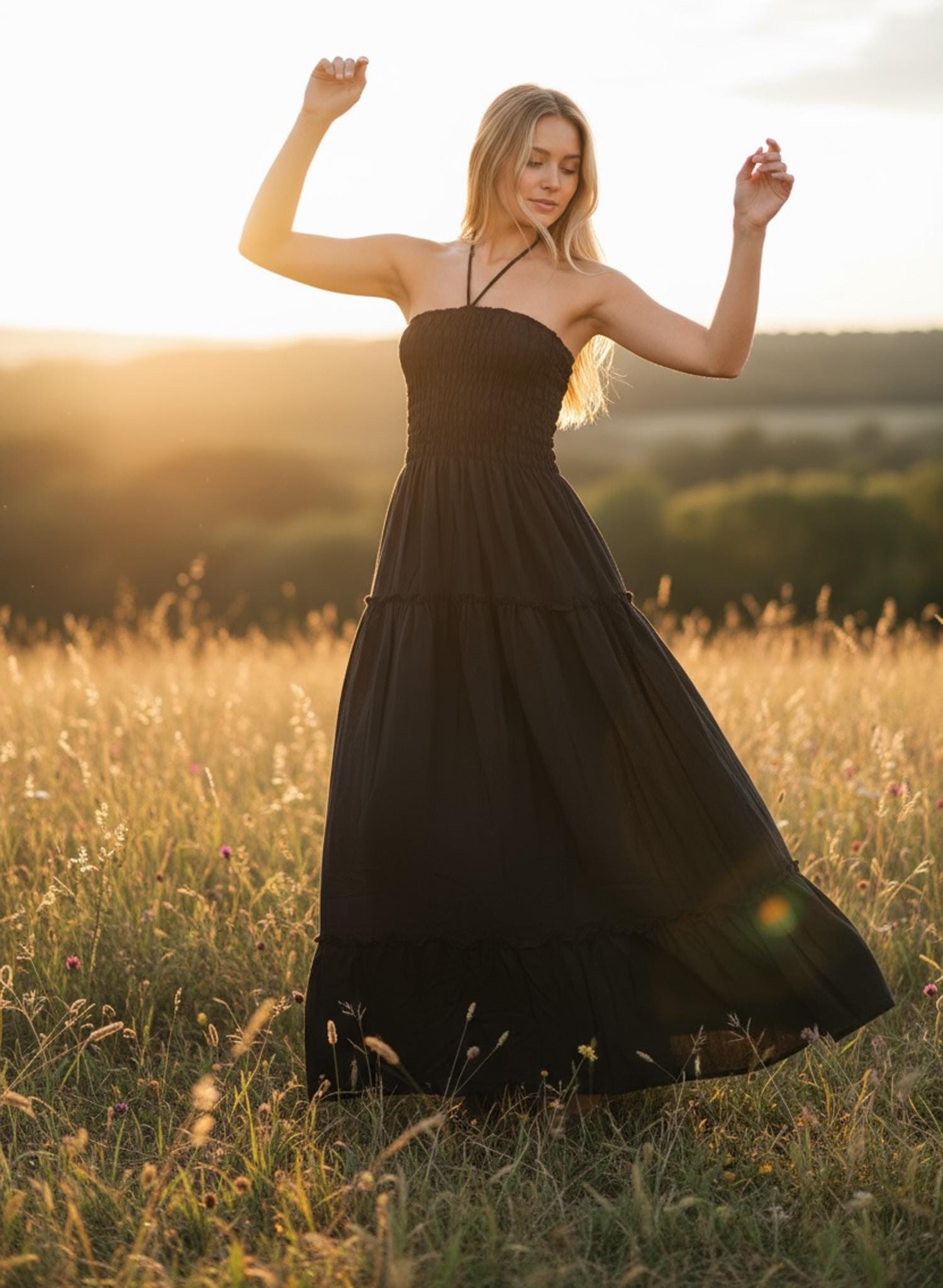 Black Tiered Maxi Dress, Boho Sundress, Halter Top Dress, Boho  
