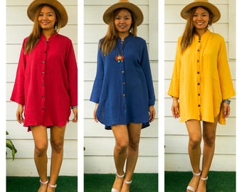 Organic Double Gauze Cotton Shirtdress with Pockets, Boho Minimalist Dress, Organic Cotton Tunic