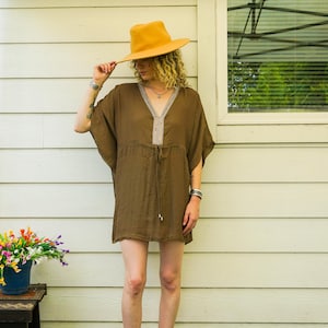 Earth Brown Semi Sheer Beach Swimsuit Cover Up , Oversize Boho Tunic Kaftan, Beachwear, Boho Clothing, Poncho, Loungewear