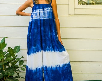 Shibori Indigo | Hand Dyed Dungarees Overalls Jumpsuit, Tie Dye Romper, Tie Dye Harem Pants Rompers, Boho Clothing, Tie Dye Clothing