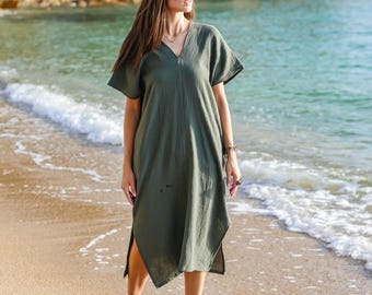 Vestido caftán de algodón arrugado de doble gasa cruda con bolsillos / Vestido maxi de algodón minimalista bohemio / Ropa bohemia
