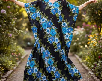 Hibiscus Boho Kaftan Dress, Loose Fit Kaftan Dress, Beachwear, Loungewear, Summer Clothing, Swimsuit Cover Up, Hawaiian Caftan