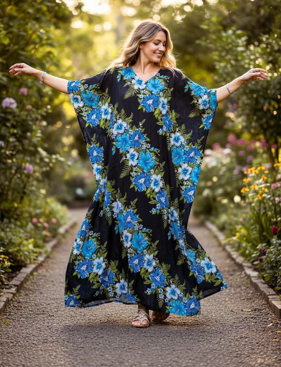 Hibiscus Boho Kaftan Dress, Loose Fit Kaftan Dress, Beachwear, Loungewear, Summer Clothing, Swimsuit Cover Up, Hawaiian Caftan