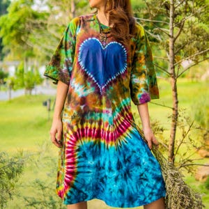 Ocean Heart Hand Dyed Boho Cotton Dress with Pockets, Hippie Oversized Tunic Kaftan Shirtdress, Tie Dye Clothing, Loungewear