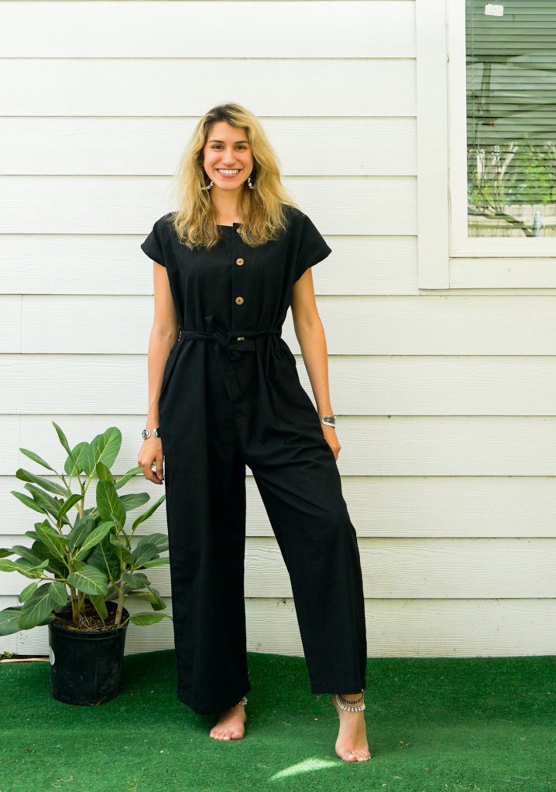 Lucky Brand Wide Leg Jumpsuit Sz Large Black Square Neck Hemp Cotton Blend