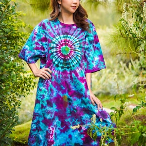 Boho Rhapsody Hand Dyed Boho Cotton Dress with Pockets, Hippie Oversized Tunic Kaftan Shirtdress, Tie Dye Clothing, Loungewear