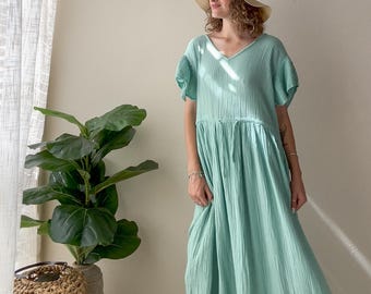 Sukienka maxi z organicznej bawełny z potrójną gazą Seafoam | Luźna sukienka w stylu boho | Miękkie, minimalistyczne ubranie