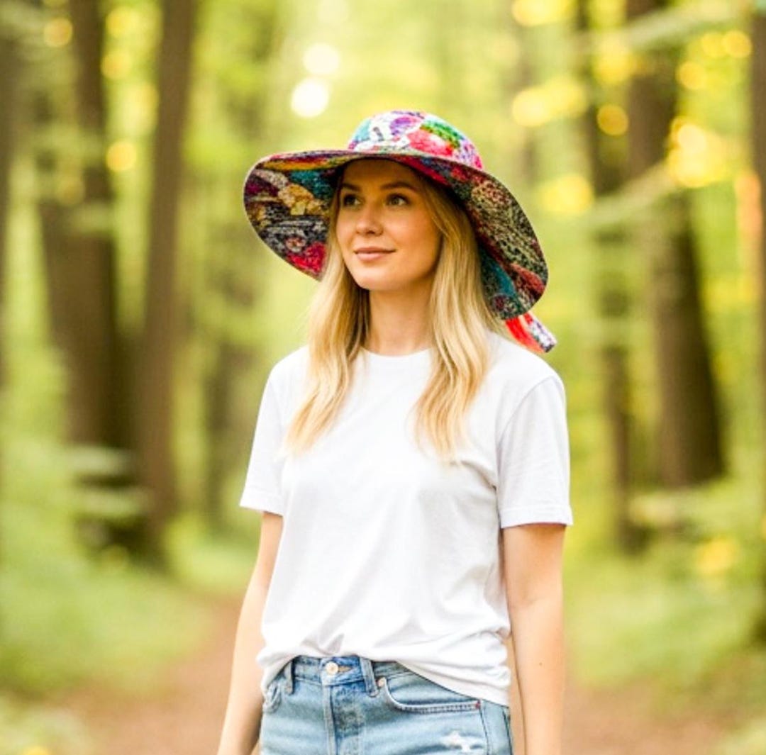 Patchwork Boho Wide Brim Hat, Colorful Floral Sun Hat  display picture 3