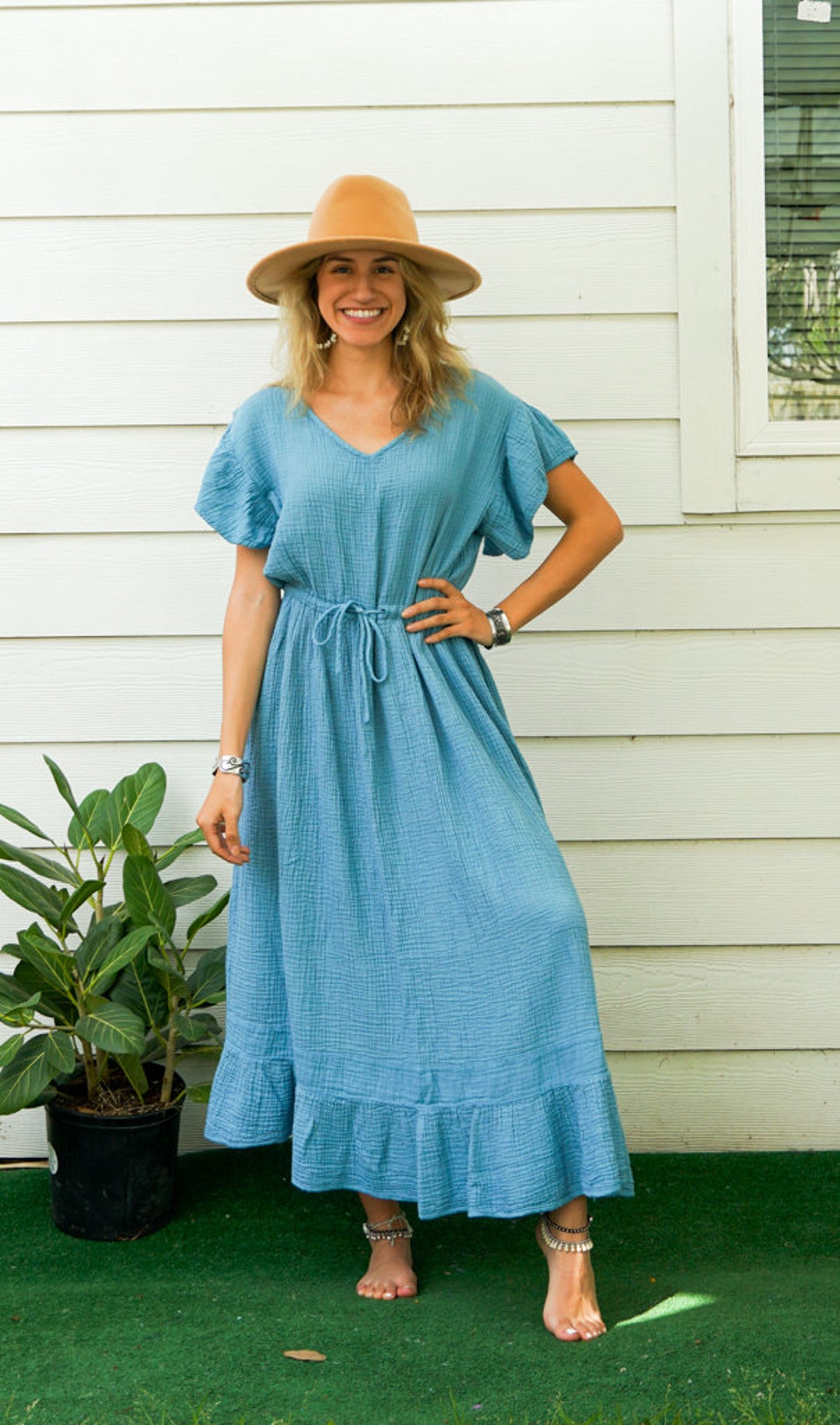 Blue Double Gauze Cotton Dress / Boho Maxi Dress / Maternity Etsy