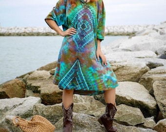 Emerald Drift Hand Dyed Boho Cotton Dress with Pockets, Hippie Oversized Tunic Festival Shirt Kaftan Dress, Tie Dye Clothing, Loungewear